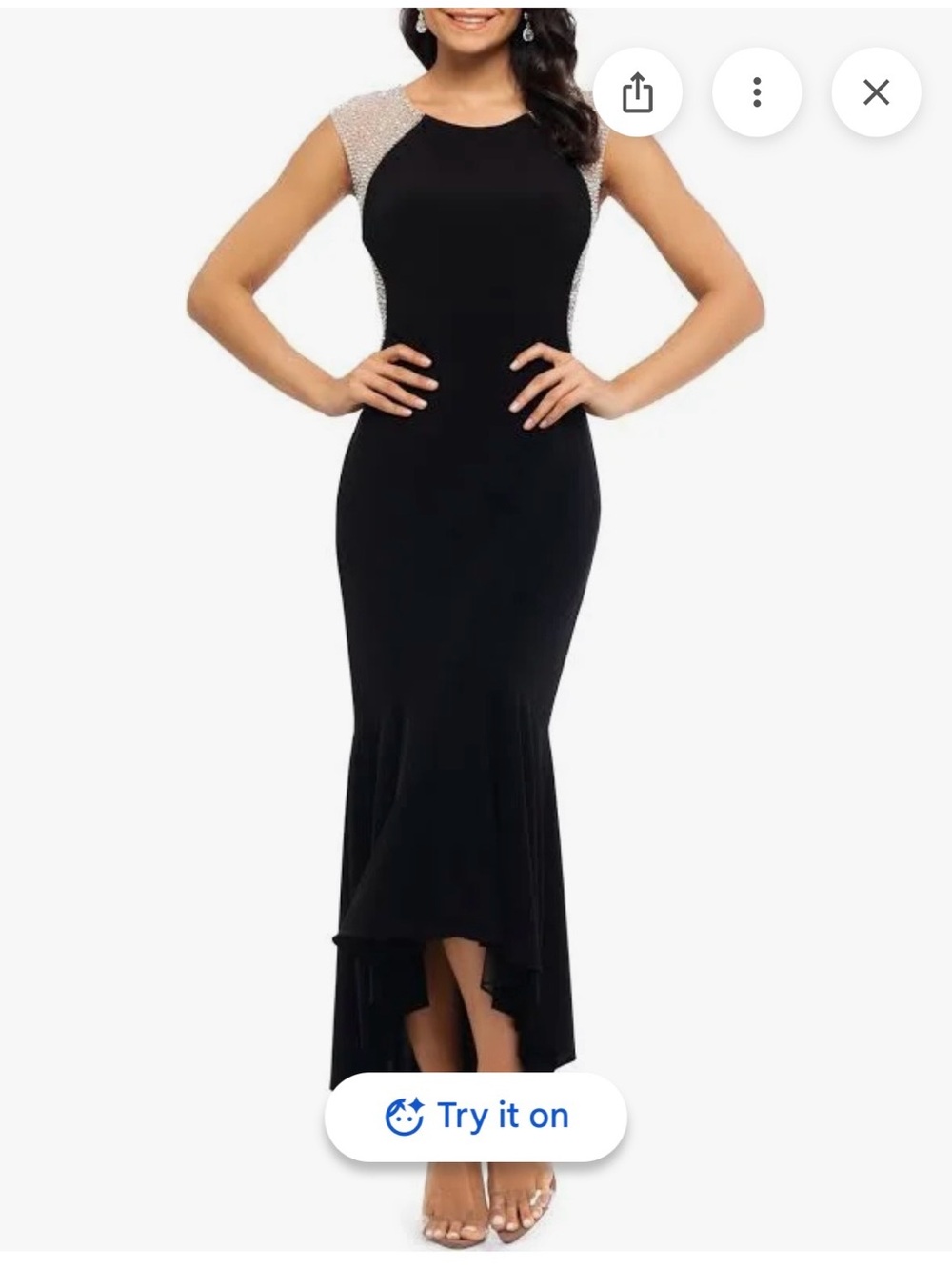 Xscape Black Evening High-Low Gown with Beaded Cap Sleeves